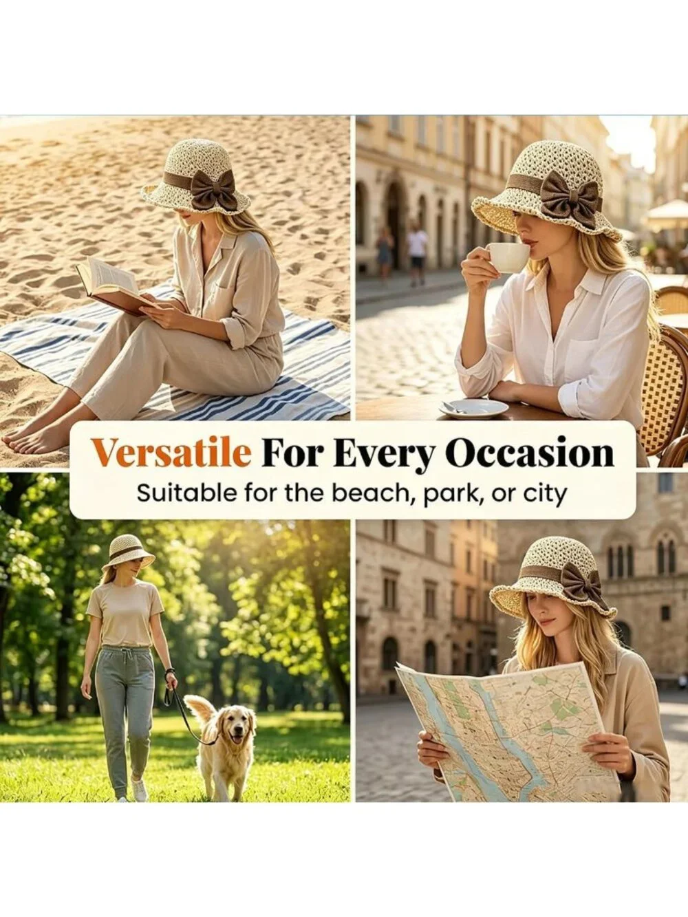 Chic Retro Woven Straw Hat with Ruffled Bow - Foldable, Breathable Sun